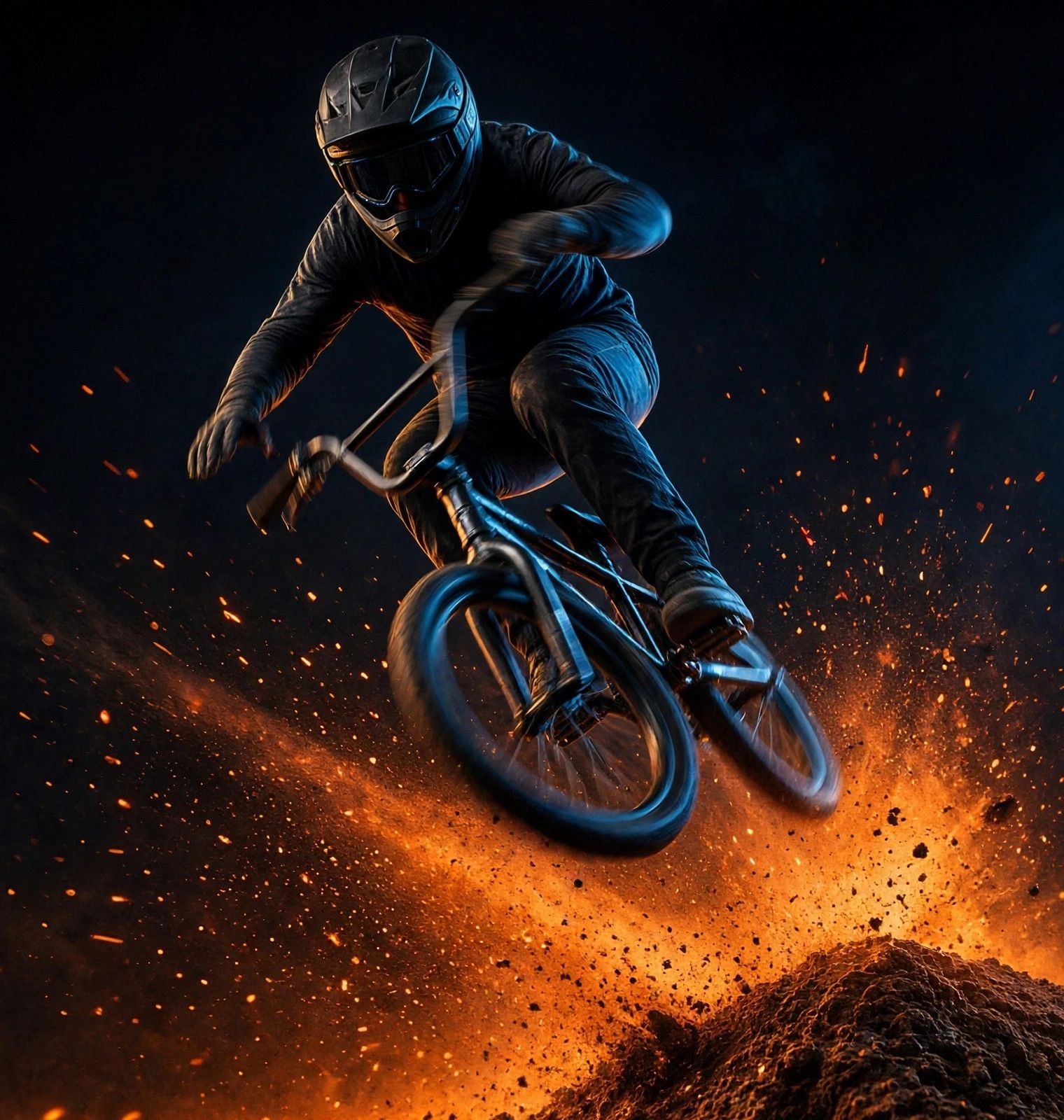 BMX rider in the air over a dirt jump at night, bars halfway through the barspin and hands off the grips
