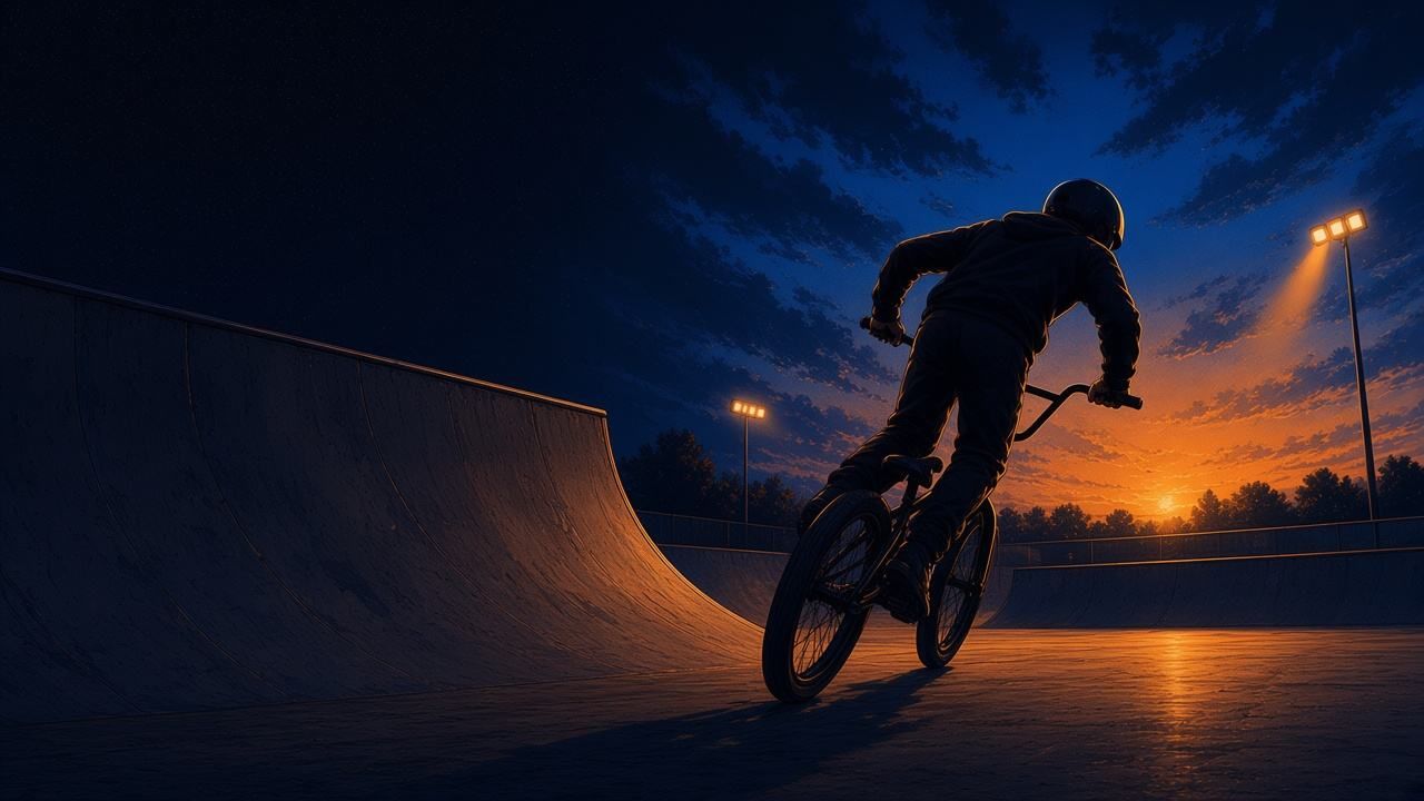 Rider de BMX anónimo con casco, de pie sobre los pedales, cogiendo velocidad hacia una rampa de skatepark al atardecer