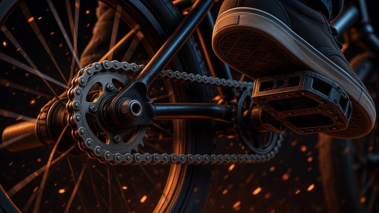 Transmisión de una BMX en primer plano: cadena plateada sobre el piñón y una zapatilla de suela plana empujando un pedal de plataforma, con chispas naranjas