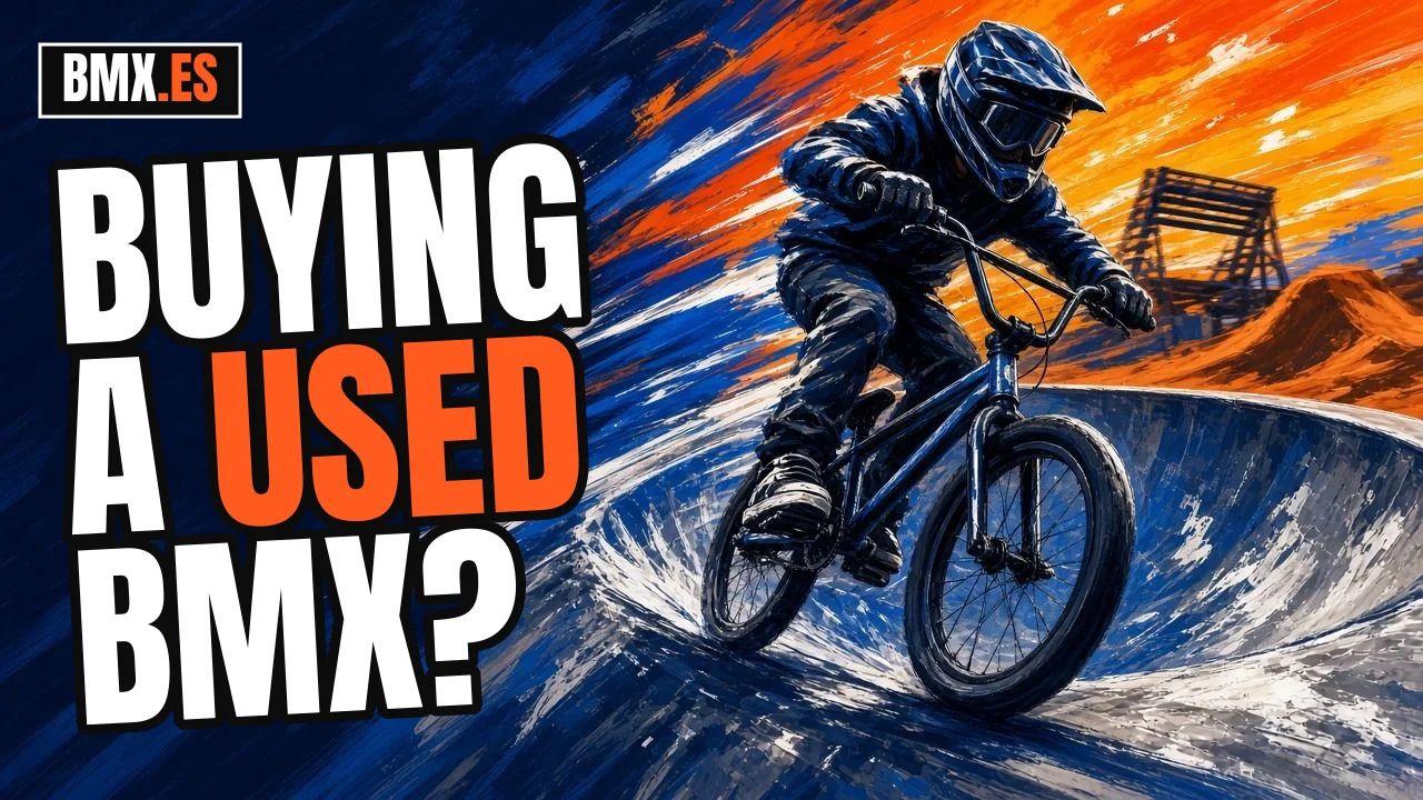 Rider in a full-face helmet carving a skatepark bowl on a BMX