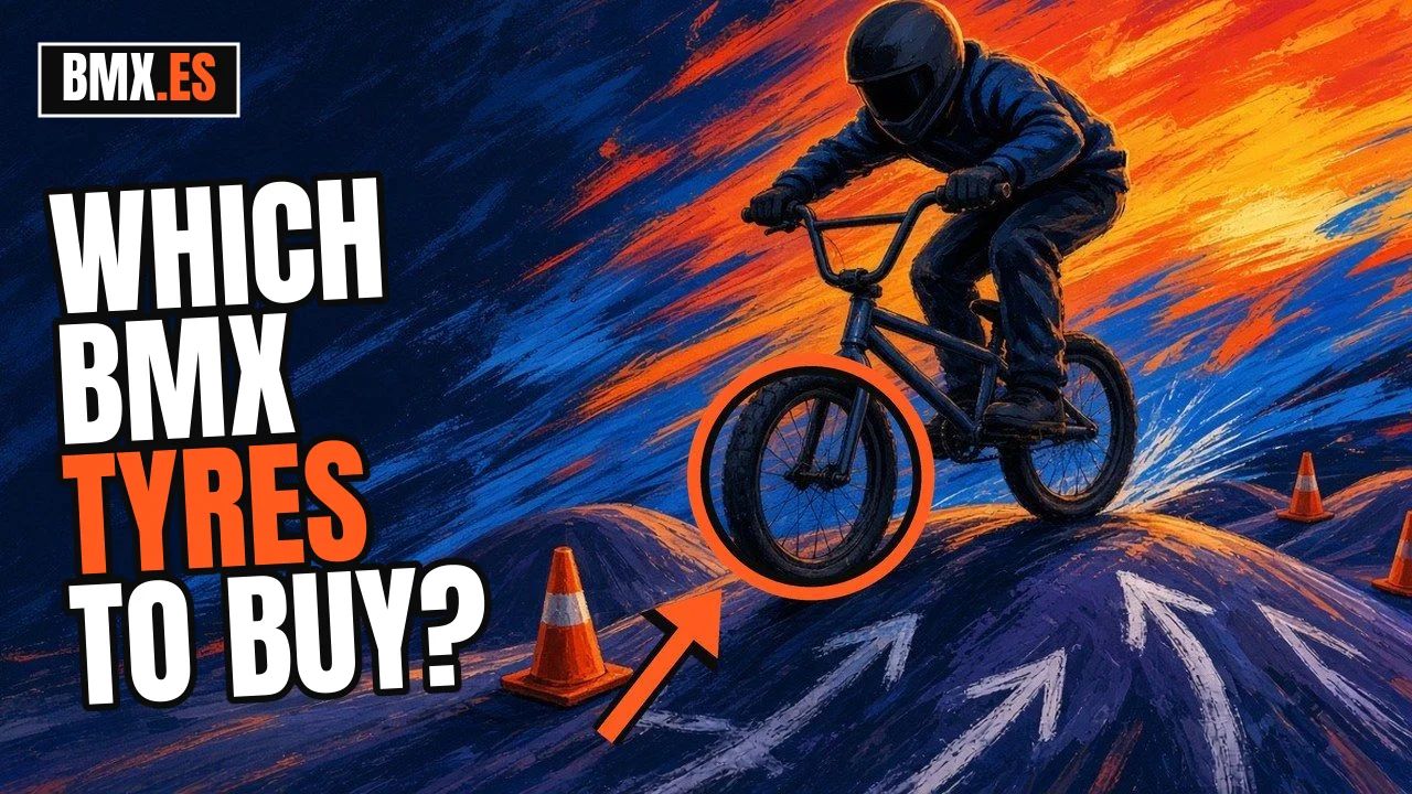 BMX rider rolling a pump track, with an orange circle pointing at the front tyre