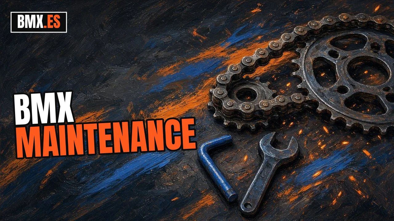 BMX chain over a sprocket and chainring with a hex key and a spanner, on a background of blue and orange brush strokes