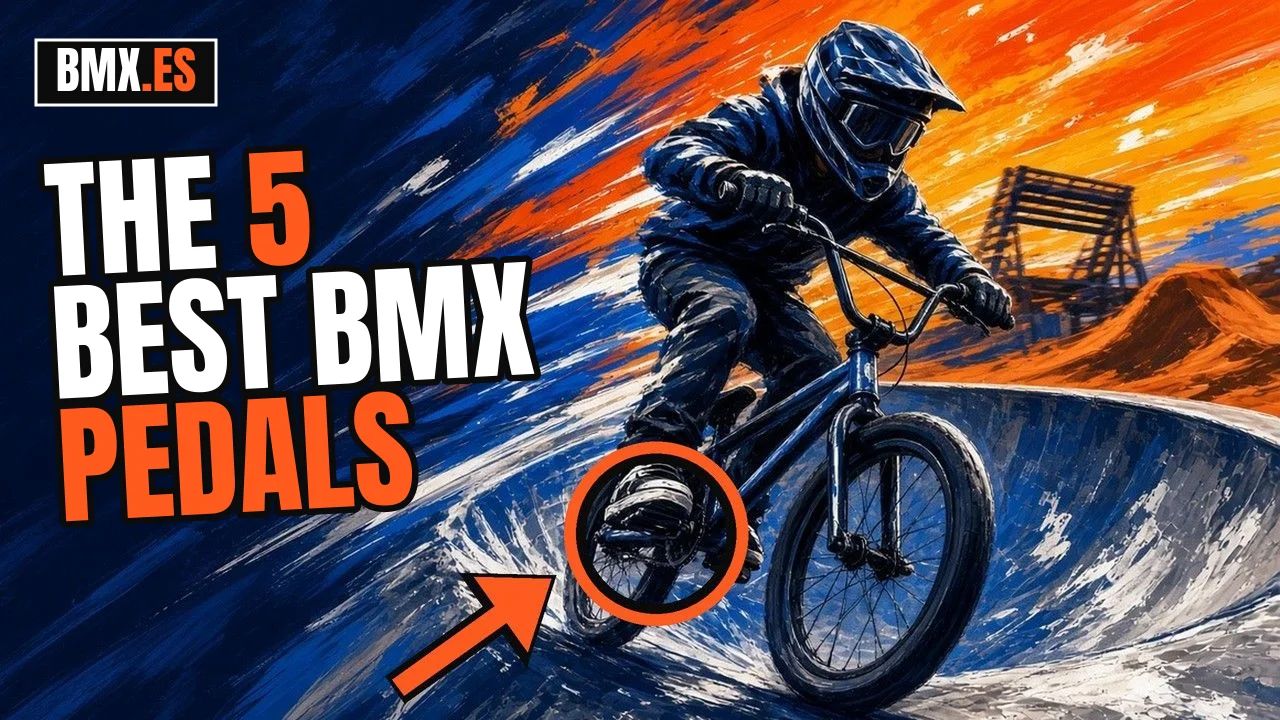 BMX rider carving a skatepark bowl, with an orange circle pointing at the foot on the pedal