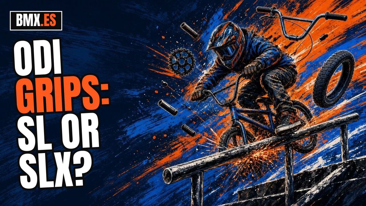 Gloved BMX rider holding the grips while grinding a rail, with handlebars and parts flying around