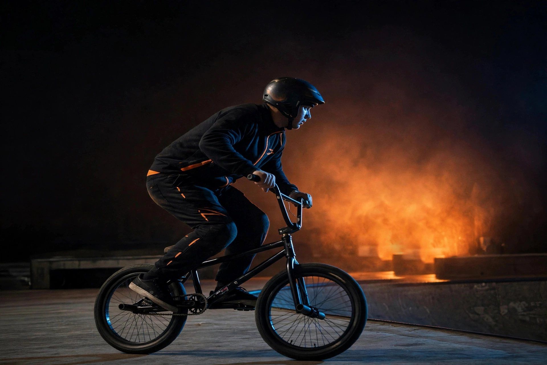 Rider de BMX rodando en fakie (hacia atrás) en plano de noche, con el peso centrado y las bielas en horizontal