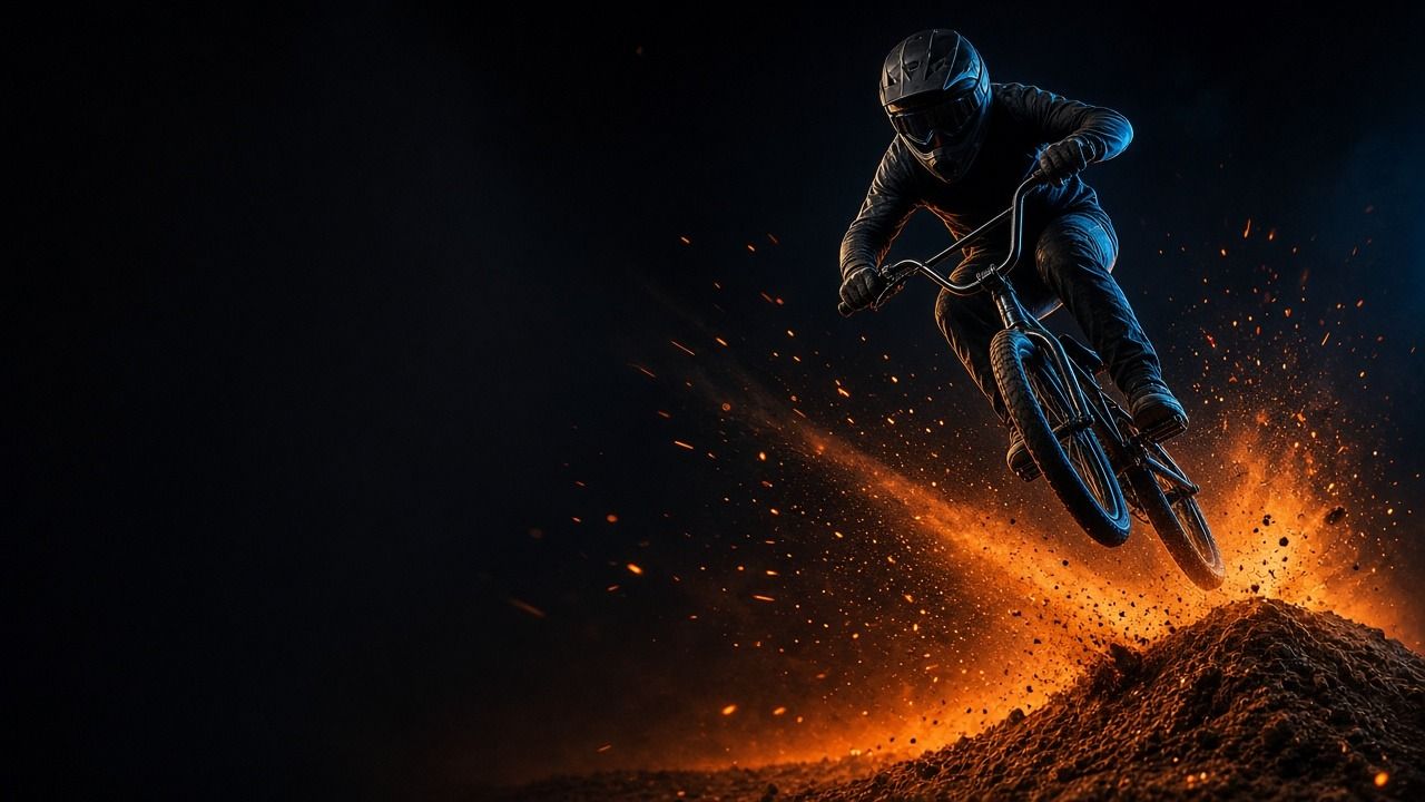 Rider de BMX con casco y protecciones saltando sobre un montículo de tierra de noche, con chispas naranjas