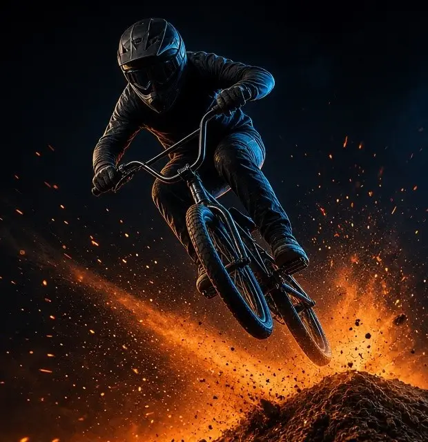 Ilustración generada con IA: un rider de BMX con casco salta sobre un montículo de tierra de noche, entre chispas naranjas.