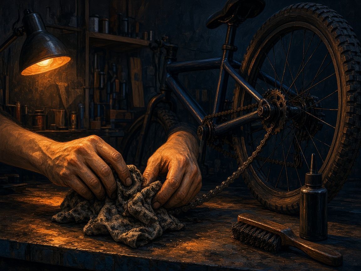 Manos limpiando una cadena de bicicleta con un trapo sobre un banco de trabajo, con un cepillo y un bote de lubricante al lado, bajo una lámpara naranja