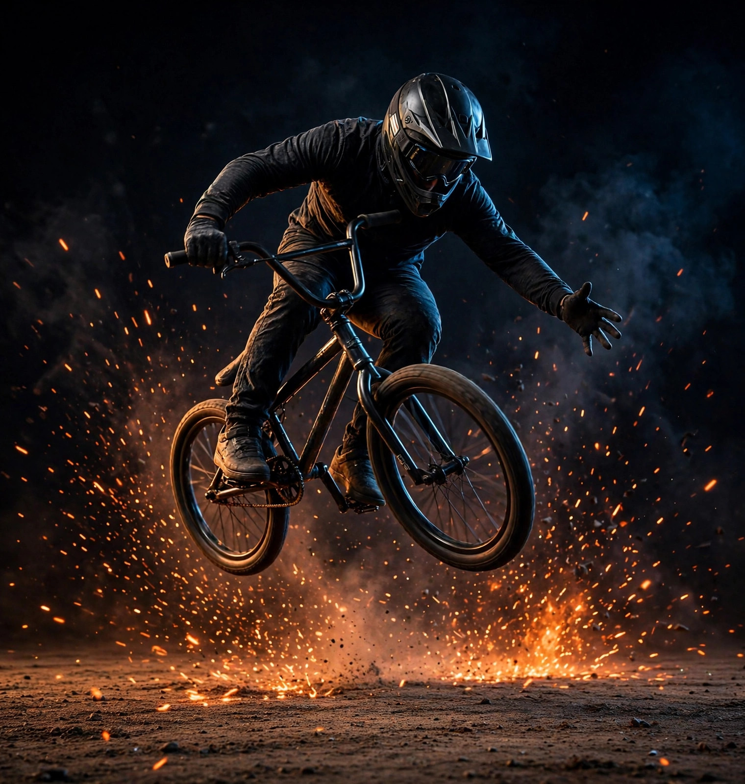 Rider in the air starting the barspin: one hand throws the bars, already spun halfway round