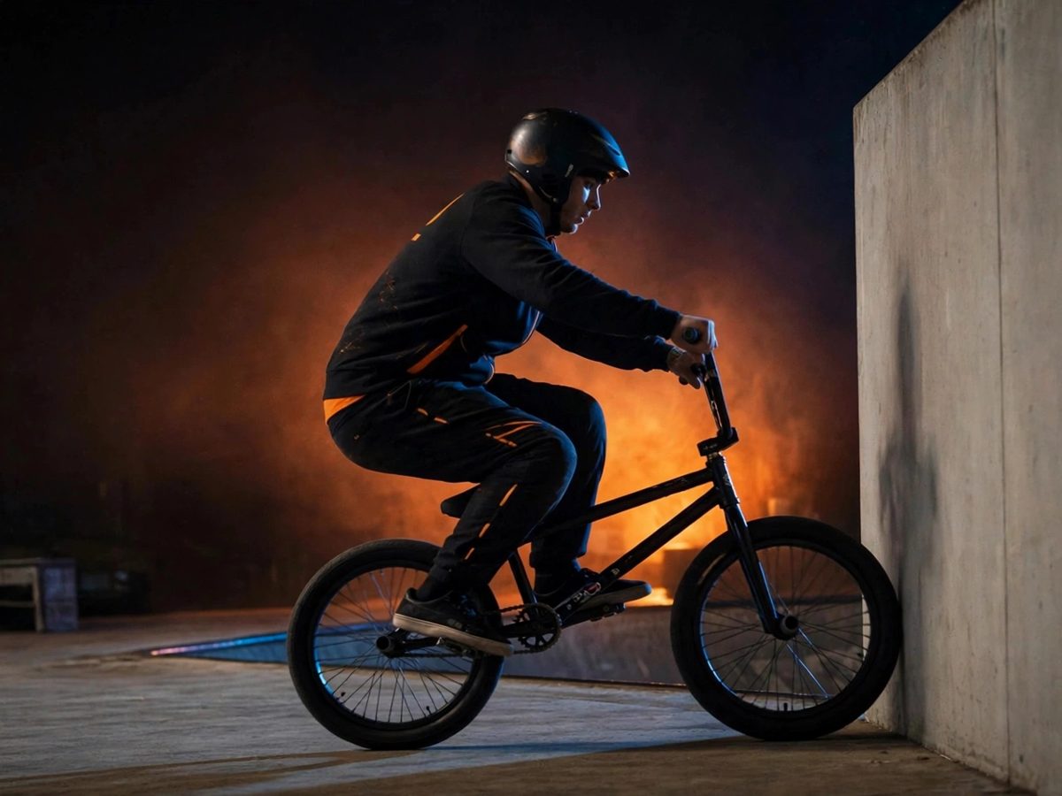 Rider frente a una pared con la rueda delantera tocándola, a punto de empujarse hacia atrás